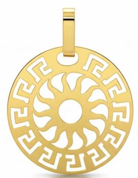 Modna złota zawieszka damska próby 585 z ażurowym greckim wzorem. Okrągły wisiorek bez kamieni, idealny na prezent i do noszenia na łańcuszku.1.jpg